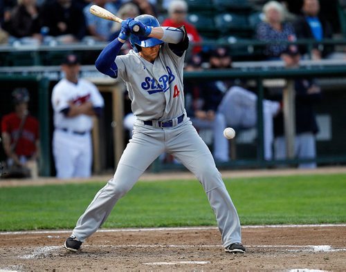 PHIL HOSSACK / WINNIPEG FREE PRESS  -.St Paul Saints' batter #4 Tanner Vavra shies back from a strike he thought was "inside" Friday at CanWest Stadium. See Mike MacIntyre story.  -  June 16, 2017