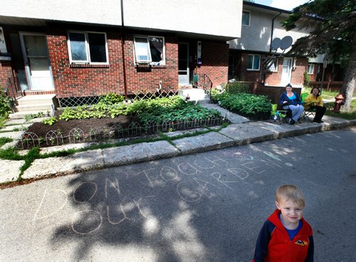 WAYNE GLOWACKI / WINNIPEG FREE PRESS

Oli stands in front of his grandmother Korrina Hargreaves's garden of vegetables, herbs and flowers Manitoba Housing unit at 1380 Raleigh St. She and friend Olga Zhbanova,right, who lives across the lane face the prospect of having their herbs and vegetables ripped out because of a agency policy that prohibits planting anything but grass in front yards.  Gord Sinclair story  June 19   2017