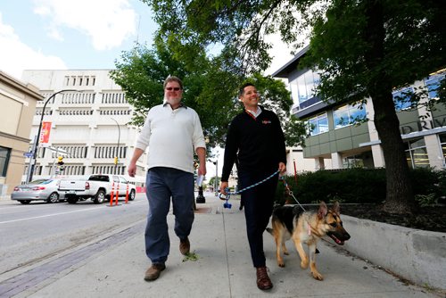 JUSTIN SAMANSKI-LANGILLE / WINNIPEG FREE PRESS
Mayor Brian Bowman and Free Press Columnist Doug Speirs take Dorothy, a German Shepard mix for a walk around town. Bowman will be walking dogs up for adoption by animal control to promote the rescue service.
170619 - Monday, June 19, 2017.