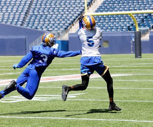 JUSTIN SAMANSKI-LANGILLE / WINNIPEG FREE PRESS
Wide Receiver L'Damian Washington (R) catches a long pass while teammate Kevin Fogg attempts to intercept during a scrimmage at Tuesday's practice at Investor's Group Field.
170620 - Tuesday, June 20, 2017.