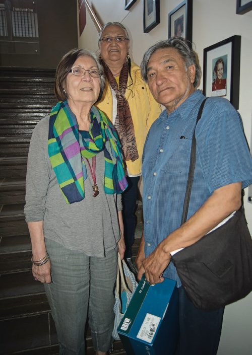 Canstar Community News June 21, 2017 - A group of former students, River Heights community members, and academics are organizing a reunion and commemoration event of the Assiniboia Indian Residential School on June 23 and 24.  From left: Residential school survivors Carrie (nee Seymour) Perreault, Dorothy Ann Crate, and Daniel Highway are pictured on the stair case of the former Assiniboia Indian Residential School at 615 Academy Road. (DANIELLE DA SIVLA/CANSTAR/SOUWESTER)