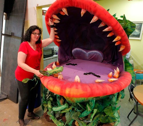 BORIS MINKEVICH / WINNIPEG FREE PRESS
Rainbow Stage stage project. Little Shop Of Horrors. In this photo set designer Lisa Hanchareks with  Audrey II. May 30, 2017
