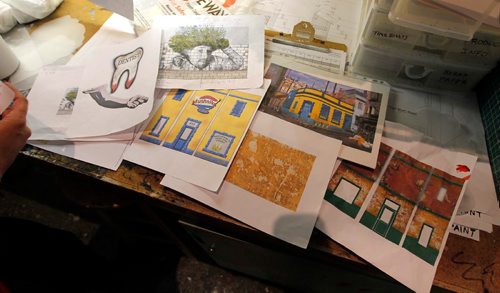 BORIS MINKEVICH / WINNIPEG FREE PRESS
Rainbow Stage stage project. Little Shop Of Horrors. In this photo some of the drawings set designer Lisa Hanchareks uses to help guide the painters and decorators. May 30, 2017

