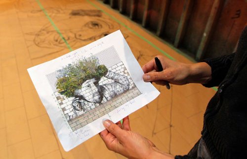 BORIS MINKEVICH / WINNIPEG FREE PRESS
Rainbow Stage stage project. Little Shop Of Horrors. In this photo some of the drawings set painters uses to help guide them on one of the drop murals. May 16, 2017
