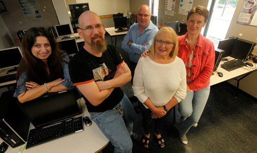 PHIL HOSSACK / WINNIPEG FREE PRESS  -  Left to right,Toula Papagiannopoulos, Jason Hussey, Miles Murphy, Joan Embleton and Elena Cvetkovska pose at Edge Skills Centre Wednesday. See Kevin Rollason story.   -  June 21, 2017