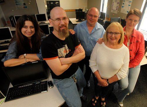 PHIL HOSSACK / WINNIPEG FREE PRESS  -  Left to right,Toula Papagiannopoulos, Jason Hussey, Miles Murphy, Joan Embleton and Elena Cvetkovska pose at Edge Skills Centre Wednesday. See Kevin Rollason story.   -  June 21, 2017