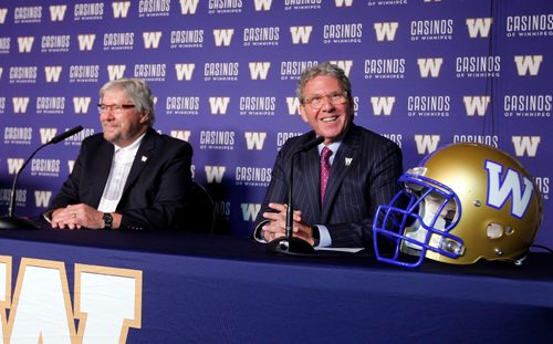 BORIS MINKEVICH / WINNIPEG FREE PRESS
2 of the three 2017 Winnipeg Blue Bomber Hall of Fame inductees, from left, Gene Dunn and David Asper. Press conference at the Blue Bombers media room at IGF.  June 22, 2017
