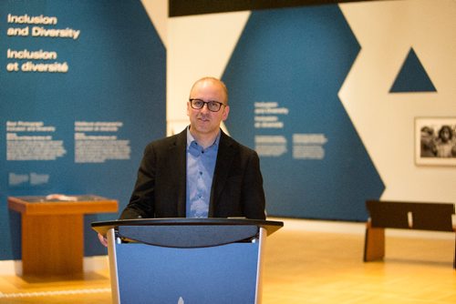 JUSTIN SAMANSKI-LANGILLE / WINNIPEG FREE PRESS
Corey Timpson, vice president of exhibitions speaks at the media preview for a new exhibition, "Points of View," at the Canadian Museum for Human Rights Thursday.
170622 - Thursday, June 22, 2017.