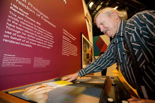 JUSTIN SAMANSKI-LANGILLE / WINNIPEG FREE PRESS
Pete Haertel, who is visually impaired, interacts with one of the tactile 3D photo displays inside the new photo exhibition inside the Canadian Museum for Human Rights. The exhibit showcases human rights stories told by photographers from across the country.
170622 - Thursday, June 22, 2017.