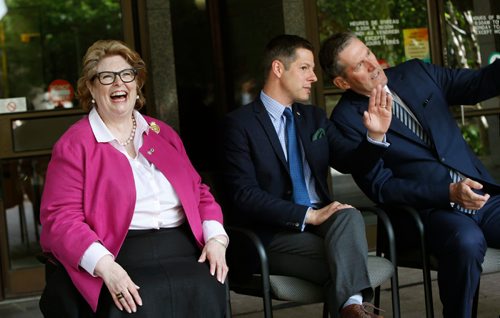 WAYNE GLOWACKI / WINNIPEG FREE PRESS

Former Winnipeg Mayor Susan Thompson with Mayor Brian Bowman and Premier Brian Pallister, far right prior to the event at City Hall Thursday morning for the naming ceremony for the Susan A. Thompson building formerly the Administration building in the city hall court yard.  Stefanie Lasuik story  June 22   2017