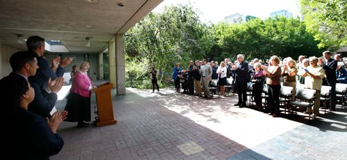 WAYNE GLOWACKI / WINNIPEG FREE PRESS

Former Winnipeg Mayor Susan Thompson at the podium receices a standing ovation at the event at City Hall Thursday morning for the naming ceremony for the Susan A. Thompson building formerly the Administration building in the city hall court yard.  Stefanie Lasuik story  June 22   2017