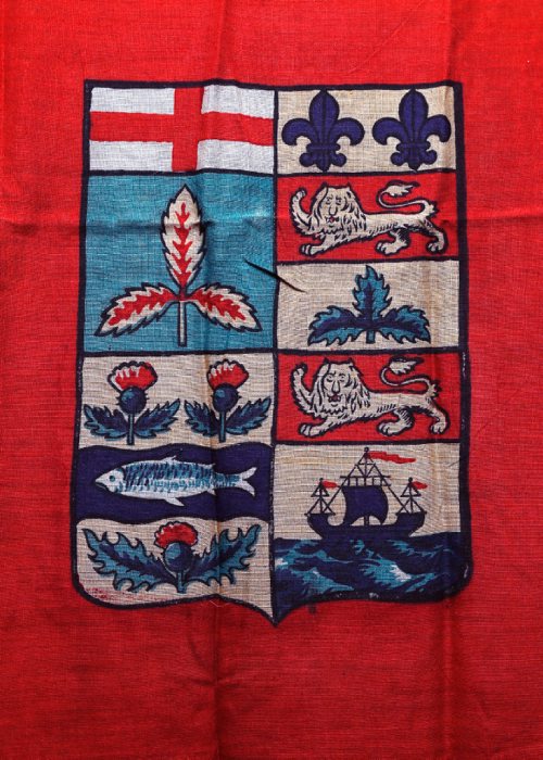 WAYNE GLOWACKI / WINNIPEG FREE PRESS

A detail of the crest on the Canadian Red Ensign 1868-1922.  This cotton flag is on display at the Manitoba Museum.  June 22   2017