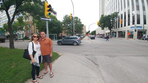 GORDON SINCLAIR / WINNIPEG FREE PRESS
Alison Gilbert and Brian Wall stand at the Donald St. and Broadway intersection where Amy Gilbert was struck and killed by a car in April 2014. The sentencing for the driver was announced today. See story. June 22, 2017.