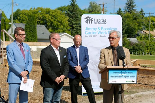 JUSTIN SAMANSKI-LANGILLE / WINNIPEG FREE PRESS
Habitat For Humanity Vice Chair David Hooper speaks at a press event announcing a combined investment of $1.2 million from the provincial and federal governments into affordable housing for Manitobans.
Also in photo (l-r) Doug Eyolfson, member of Parliament for Charleswood-St.James-Assiniboia-Headingley, Manitoba Families Minister Scott Fielding, and Habitat For Humanity Manitoba CEO Sandy Hopkins.

 170626 - Monday, June 26, 2017.


