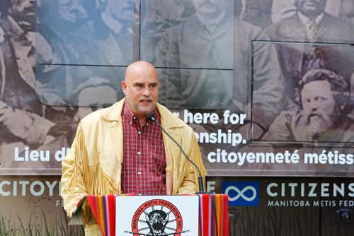 JUSTIN SAMANSKI-LANGILLE / WINNIPEG FREE PRESS
Manitoba Metis Federation board member William Goodon speaks at the official unveiling of the Federation's new mobile outreach office Monday. The mobile office will travel to Metis communities providing much improved access to services such as citizenship applications and education programs.
170626 - Monday, June 26, 2017.