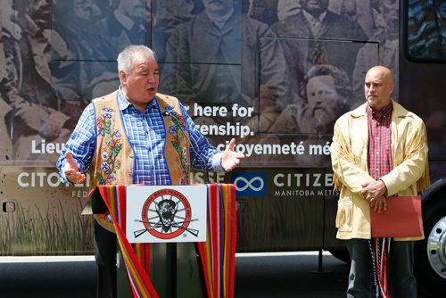 JUSTIN SAMANSKI-LANGILLE / WINNIPEG FREE PRESS
President of the Manitoba Metis Federation David Chartrand speaks Monday at the official unveiling of the Federation's new mobile outreach office. The mobile office will travel to Metis communities providing much improved access to services such as citizenship applications and education programs.
170626 - Monday, June 26, 2017.