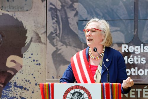 JUSTIN SAMANSKI-LANGILLE / WINNIPEG FREE PRESS
Carolyn Bennett, Minister of Indigenous and Northern Affairs speaks at the official unveiling of the Manitoba Metis Federation's new mobile outreach office Monday. The mobile office will travel to Metis communities providing much improved access to services such as citizenship applications and education programs.
170626 - Monday, June 26, 2017.