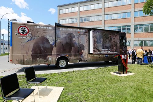 JUSTIN SAMANSKI-LANGILLE / WINNIPEG FREE PRESS
The Manitoba Metis Federation's new mobile outreach office is seen just before its official unveiling Monday outside the Federation's main office. The mobile office will travel to Metis communities providing much improved access to services such as citizenship applications and education programs.
170626 - Monday, June 26, 2017.