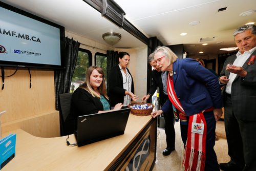 JUSTIN SAMANSKI-LANGILLE / WINNIPEG FREE PRESS
Minister of Indigenous and Northern Affairs Carolyn Bennett tours the new Manitoba Metis Federation mobile outreach office Monday following the office's official unveiling. The mobile office will travel to Metis communities providing much improved access to services such as citizenship applications and education programs.
170626 - Monday, June 26, 2017.