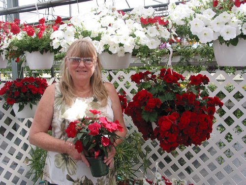 Canstar Community News June 19, 2017 - Sandra Leclerc stands next to a display of red and white flowers in hanging baskets ay Leclerc Greenhouse in Headingley. (ANDREA GEARY/CANSTAR COMMUNITY NEWS)