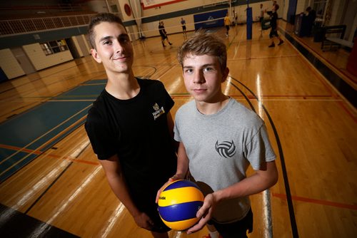 JOHN WOODS / WINNIPEG FREE PRESS
Manitoba volleyball players Owen Schwartz (L) and Jack Mandryk are off to the Canada Summer Games and are photographed during practise at College Jeanne-Sauve in Winnipeg Monday, June 26, 2017.
