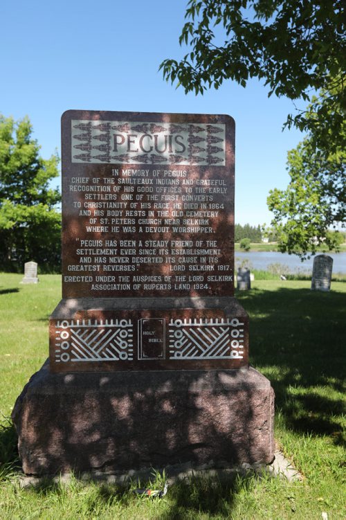 RUTH BONNEVILLE / WINNIPEG FREE PRESS

49.8 - Selkirk settlers / Peguis 
Monument on the grounds of the Old Stone Church in East Selkirk along the Red River to honour  Chief Peguis, who was the 1st  convert to Christianity.

Former Selkirk Mayor, Peguis First Nation member Bill Shead for a walkabout through 200 years of history on the grounds of Parish of St Peter  Old Stone Church with Olive Lillie.  
See Alex Paul story.  
 

June 22, 2017