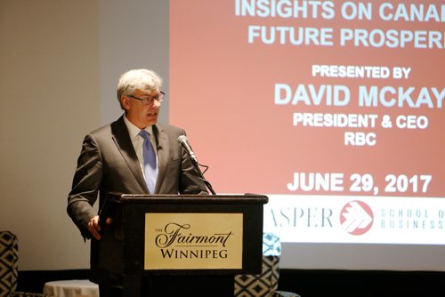 JUSTIN SAMANSKI-LANGILLE / WINNIPEG FREE PRESS
RBC CEO Dave McKay speaks at an event hosted by the Asper School of Business Thursday at the Fairmont Hotel.
170629 - Thursday, June 29, 2017.