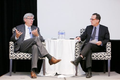 JUSTIN SAMANSKI-LANGILLE / WINNIPEG FREE PRESS
RBC CEO Dave McKay talks with Free Press Reporter Martin Cash following a presentation at an event hosted by the Asper School of Business Thursday at the Fairmont Hotel.
170629 - Thursday, June 29, 2017.