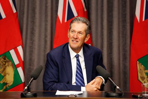 JUSTIN SAMANSKI-LANGILLE / WINNIPEG FREE PRESS
Premiere Brian Pallister speaks to reporters at a news conference in the Legislature Building Thursday following a statement responding to proposed federal benchmarks for carbon pricing. 
170629 - Thursday, June 29, 2017.