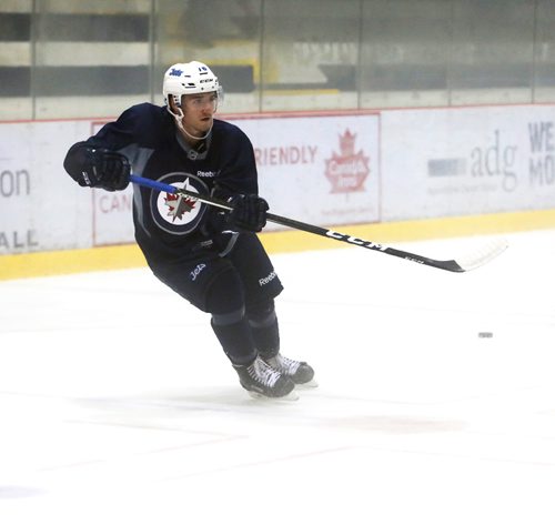 JUSTIN SAMANSKI-LANGILLE / WINNIPEG FREE PRESS
Skyler McKenzie fires the puck during a rebound drill at Thursday's Jets Development Camp at the Bell MTS Iceplex.
170629 - Thursday, June 29, 2017.