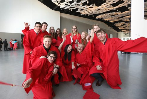 RUTH BONNEVILLE / WINNIPEG FREE PRESS

49.8 Feature: Class of  2017 Project:    
Fun Group photo of 13 of the 15 "Class of 2017" students   (Noah, Griffin, Thomas,  Quinn, Sarah, Julianna, Naomi,  Mackenzie,  Hailey, Avery, Garrett, Sydney and  Aby),  gather together for a fun, informal group photo after their convocation ceremony.   (Jesse and Savanna not in photo)

Final photos of The class of 2017 students (15),  on their graduation day from Glenlawn Collegiate.  Their convocation ceremony was held at The RBC Convention Centre on June 26th 2017 as well as their dinner and dance later that evening.  
See story on WFP's 13 year documentary on a group of students  who the Free Press followed and photographed from their 1st year in kindergarden in Windsor School to their graduating year in 2017 at Glenlawn Collegiate. 

See Doug Speirs story.  

June 26, 2017