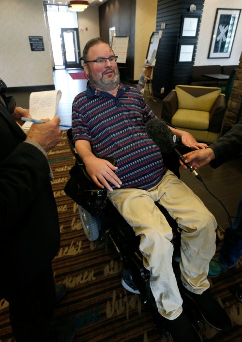 WAYNE GLOWACKI / WINNIPEG FREE PRESS

MLA Steven Fletcher arrives at the Hampton Inn Friday for a conference and is met by reporters regarding the PC caucus decision. Nick Martin story  June 30   2017