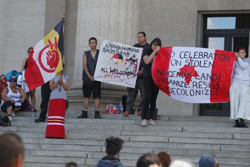 BORIS MINKEVICH / WINNIPEG FREE PRESS
Protestors of Canada Day at the Manitoba Legislature this afternoon. July 1, 2017
