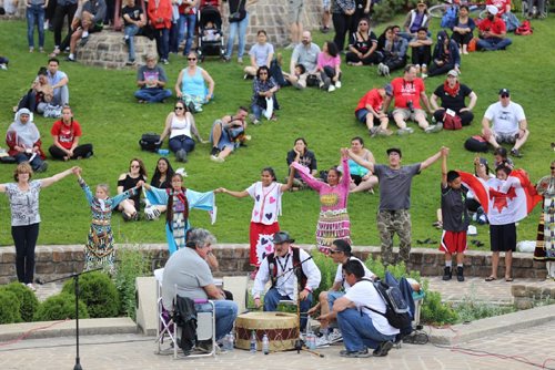 TREVOR HAGAN / WINNIPEG FREE PRESS
Drummers perform in the Oodena Circle during Canada Day and Canada 150 celebrations at The Forks, Saturday, July 1, 2017.