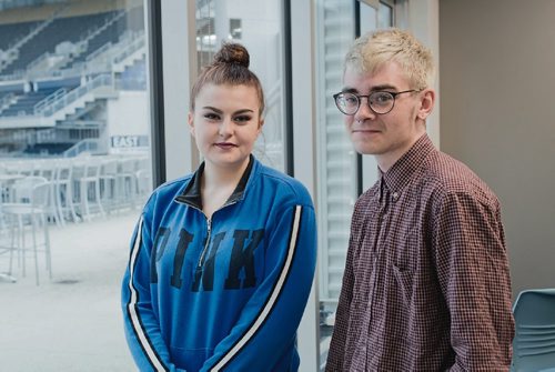 Canstar Community News June 29, 2017 - Pembina Trails School Division Alternative High School students Kirsten Cloud, 17, and James Perry, 20, pictured in the classroom at Investors Group Field. (DANIELLE DA SIVLA/SOUWESTER/CANSTAR)