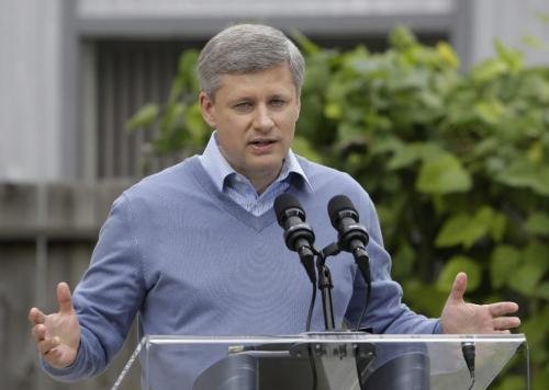 Prime Minister Stephen Harper speaks to the media during a campaign stop in Richmond, BC, September 9, 2008. Canandians go to the polls in a Federal election October 14. Lyle Stafford For the Winnipeg Free Press