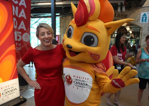 JOE BRYKSA / WINNIPEG FREE PRESS 
Federal Heritage Minister Mélanie Joly has some fun with Niibin the Canada games mascot at the Forks Wednesday. The minister and a Canada Games delegation were promoting the upcoming Canada games that will be in Winnipeg July 28- Aug 13  23 days from today.    -  July 05 , 2017 -( See Ryan Thorpe story)
