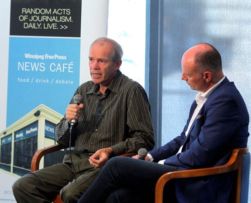 BORIS MINKEVICH / WINNIPEG FREE PRESS
From left, Free Press publisher Bob Cox and editor Paul Samyn hosted a town hall re:government funding for newspapers at the Free Press News Cafe. July 5, 2017
