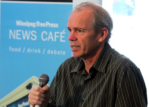 BORIS MINKEVICH / WINNIPEG FREE PRESS
Free Press publisher Bob Cox and editor Paul Samyn hosted a town hall re:government funding for newspapers at the Free Press News Cafe. Bob in this photo.  July 5, 2017
