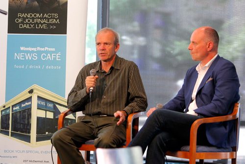 BORIS MINKEVICH / WINNIPEG FREE PRESS
From left, Free Press publisher Bob Cox and editor Paul Samyn hosted a town hall re:government funding for newspapers at the Free Press News Cafe. July 5, 2017
