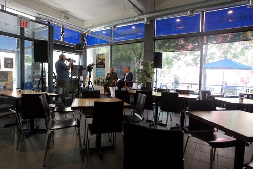 BORIS MINKEVICH / WINNIPEG FREE PRESS
From left, Mike deal filming, Free Press publisher Bob Cox and editor Paul Samyn hosted a town hall re:government funding for newspapers at the Free Press News Cafe. July 5, 2017
