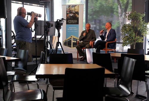 BORIS MINKEVICH / WINNIPEG FREE PRESS
From middle left, Mike Deal filming, Free Press publisher Bob Cox and editor Paul Samyn hosted a town hall re:government funding for newspapers at the Free Press News Cafe. July 5, 2017
