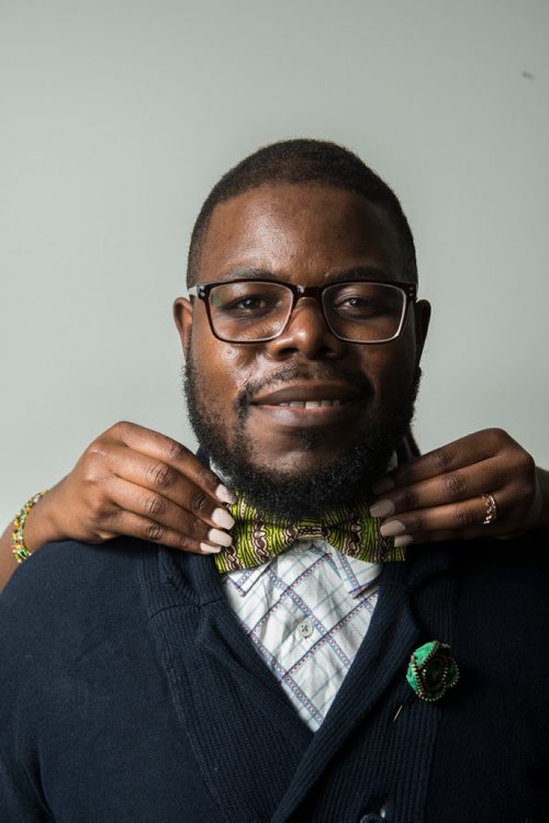 DAVID LIPNOWSKI / WINNIPEG FREE PRESS


Owner of Lula Nga, Guylain Nkongolo, poses for photographs Wednesday July 5, 2017.

They run a local business that specializes in one-of-a-kind bowties, pocket squares and flower pins that reflect the culture of Guylain's home country, Congo. 
