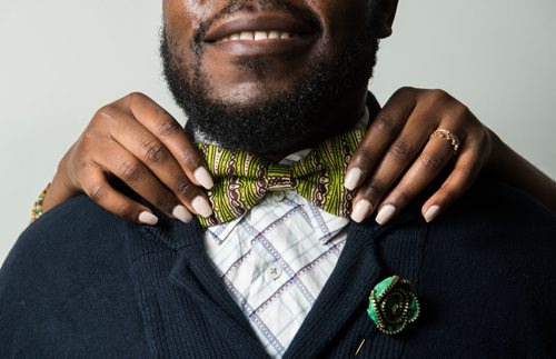 DAVID LIPNOWSKI / WINNIPEG FREE PRESS


Owner of Lula Nga, Guylain Nkongolo, poses for photographs Wednesday July 5, 2017.

They run a local business that specializes in one-of-a-kind bowties, pocket squares and flower pins that reflect the culture of Guylain's home country, Congo. 
