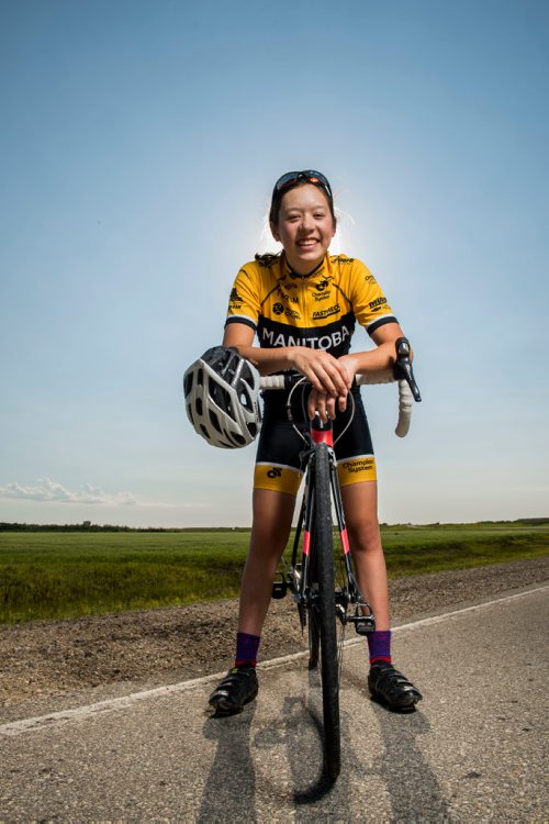 DAVID LIPNOWSKI / WINNIPEG FREE PRESS

Rebecca Man is a local cyclist competing in the Canada Games this summer in Winnipeg. She poses for a photo prior to the Grand Pointe Road Race in Grand Pointe, Manitoba Wednesday July 5, 2017.