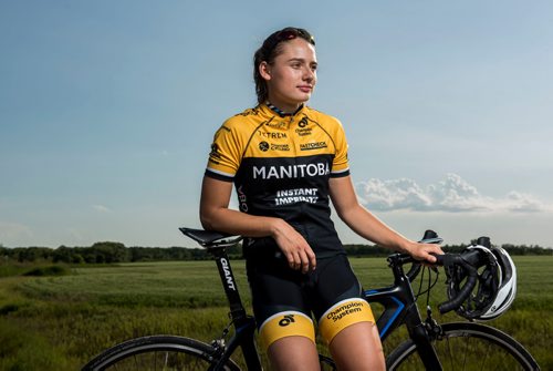 DAVID LIPNOWSKI / WINNIPEG FREE PRESS

Chloe Penner is a local cyclist competing in the Canada Games this summer in Winnipeg. She poses for a photo prior to the Grand Pointe Road Race in Grand Pointe, Manitoba Wednesday July 5, 2017.