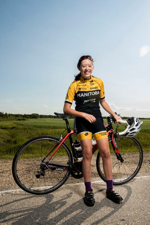 DAVID LIPNOWSKI / WINNIPEG FREE PRESS

Rebecca Man is a local cyclist competing in the Canada Games this summer in Winnipeg. She poses for a photo prior to the Grand Pointe Road Race in Grand Pointe, Manitoba Wednesday July 5, 2017.