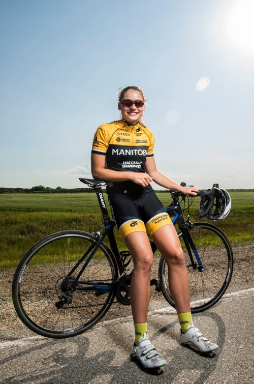 DAVID LIPNOWSKI / WINNIPEG FREE PRESS

Chloe Penner is a local cyclist competing in the Canada Games this summer in Winnipeg. She poses for a photo prior to the Grand Pointe Road Race in Grand Pointe, Manitoba Wednesday July 5, 2017.