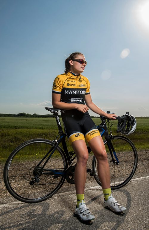 DAVID LIPNOWSKI / WINNIPEG FREE PRESS

Chloe Penner is a local cyclist competing in the Canada Games this summer in Winnipeg. She poses for a photo prior to the Grand Pointe Road Race in Grand Pointe, Manitoba Wednesday July 5, 2017.