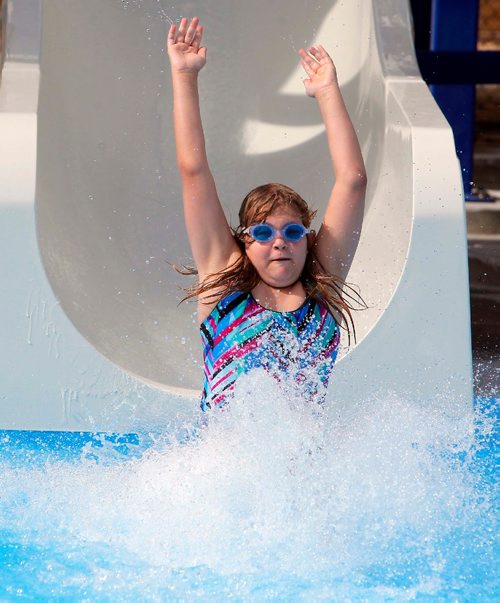 BORIS MINKEVICH / WINNIPEG FREE PRESS
Weather standup - The Transcona Aquatic Park. Addison Fedoruk,10, exits the water slide. July 6, 2017
